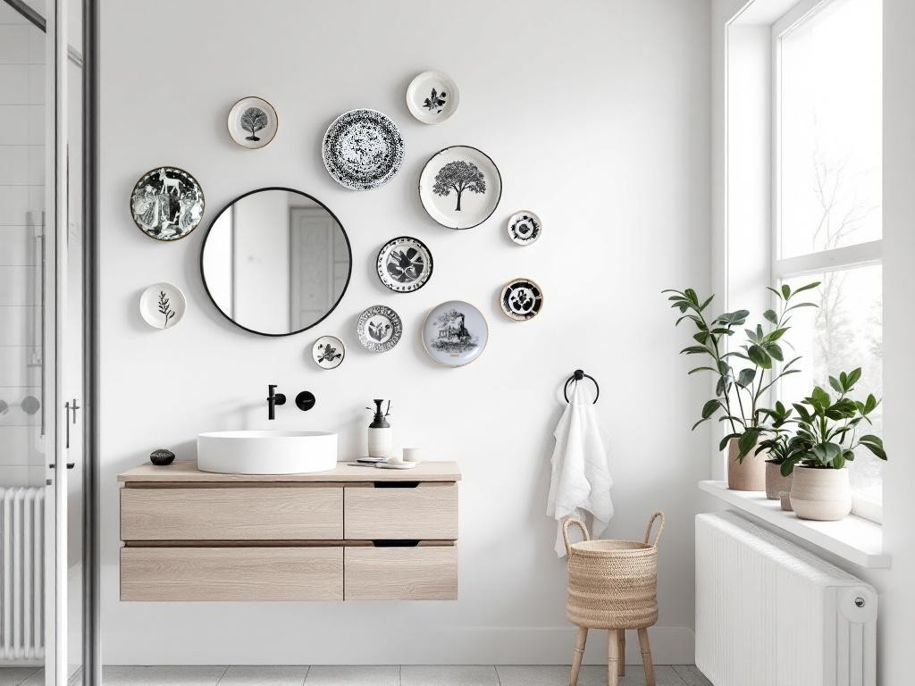 Badeværelse med platter som vægdekoration