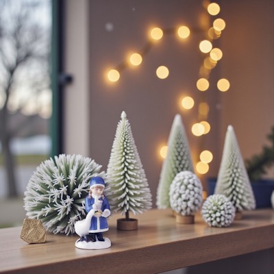 Royal Copenhagen årsfigur 2017 med pige i blå frakke, der fodrer en svane, placeret blandt små vintergrønne træer og varme julelys.