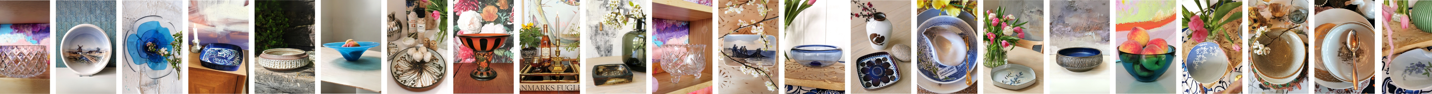 Fade og skåle i porcelæn, keramik, stentøj, fajance, glas, messing, sølv mv.